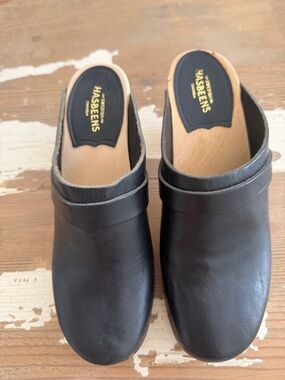 Swedish Hasbeens Black Leather Clogs